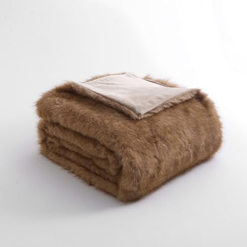 MERRYLIFE Luxury Plush Faux Fox Fur Throw Blanket for Bed Pale Brown