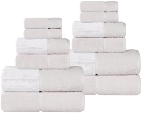 SUPERIOR Cotton Bathroom Towel Set, Plush Absorbent, 12 Piece, Stone