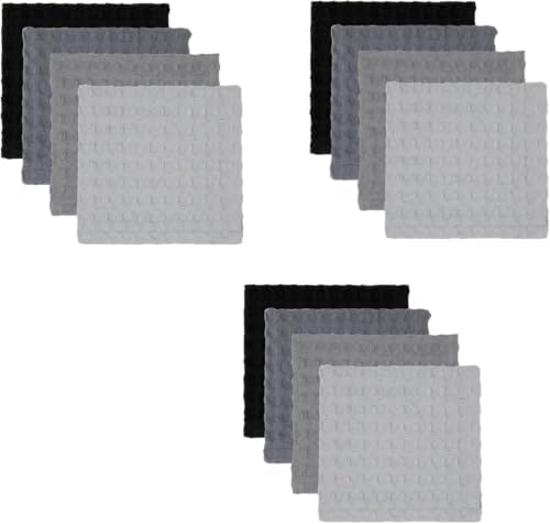 12 Pack Gray and Black Waffle Weave Dishcloths, 3 Sets of 4 Reusable