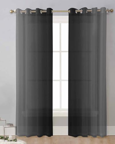 Black Gray Sheer Curtains 63 Inch Length Grommet Semi Sheer Drapes for