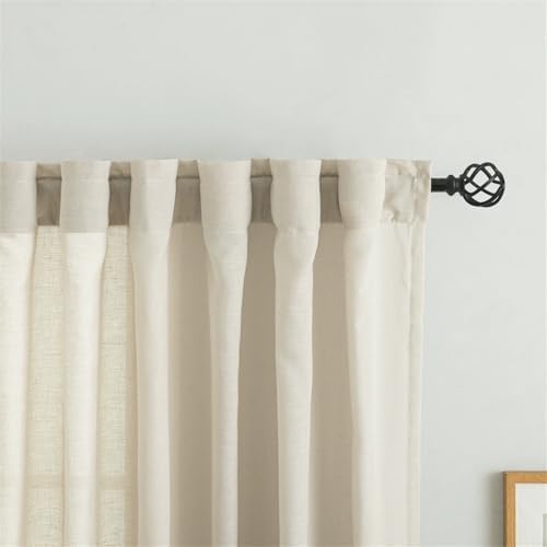 Beige Semi Sheer Linen Curtains 63 inch Long, Light Filtering Window
