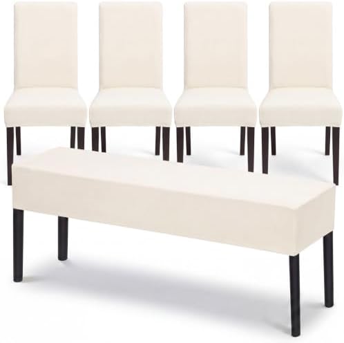 5 Pcs Dining Chair Covers with Bench Cover, Stretch Slipcovers, Beige