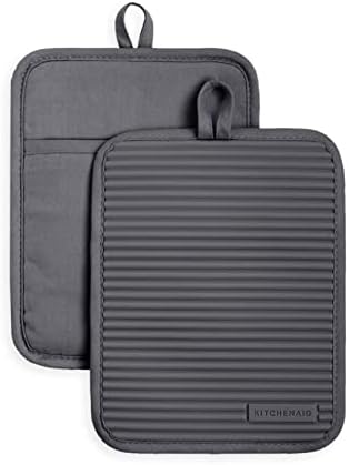 KitchenAid Ribbed Soft Silicone Oven Mitt Set, 7"x13", Grey 2 Count &