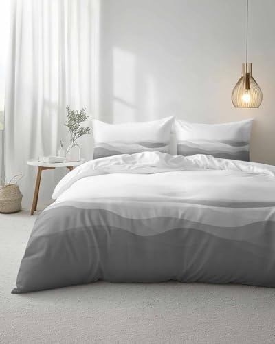 Duvet Cover Set Queen, Abstract Minimalist Gray Ombre 3 Piece Bedding