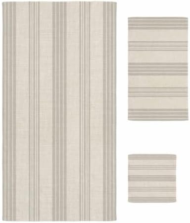 Bath Towel Set, Gray Stripes Burlap Soft Absorbent Bathroom Towels