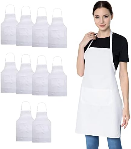 White Aprons Bulk with Pockets for Women Girls Adults Chef, Set of 10
