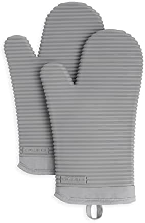 KitchenAid Ribbed Soft Silicone Oven Mitt Set, 7"x13", Grey 2 Count &