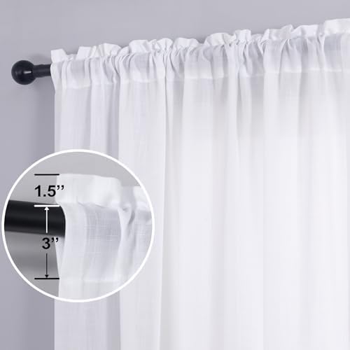 KOUFALL 90 Inch White Linen Curtains, Textured Semi Sheer Curtains for