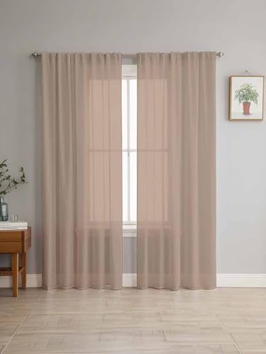 Beige Solid Color Sheer Curtains 108 Inch Length 2 Panels Set