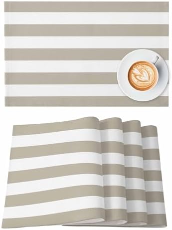 Placemats Set of 4 for Dining Table, Beige and White Stripe Washable