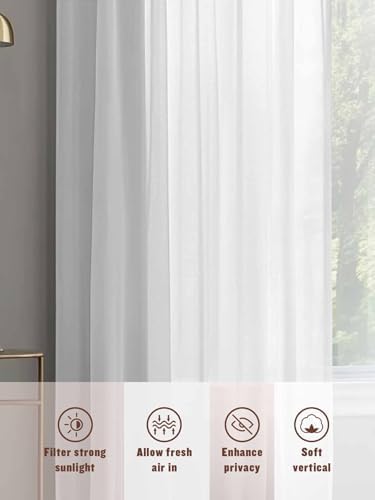 Pure White Sheer Curtains for Living Room 108 inch Length 2 Panels