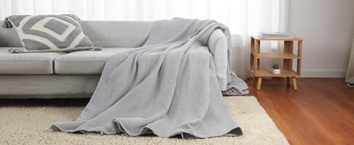 100% Cotton Waffle Blanket for Bed King Size, Light Grey