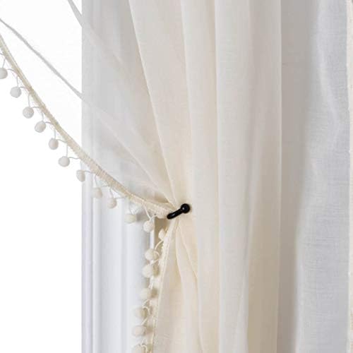 MISS SELECTEX Linen Look Pom Pom Tasseled Sheer Curtains - Rod Pocket