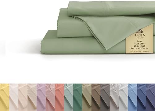 Linen Home Full Size 100% Cotton Percale Sheets, 4 Pc Cooling Set