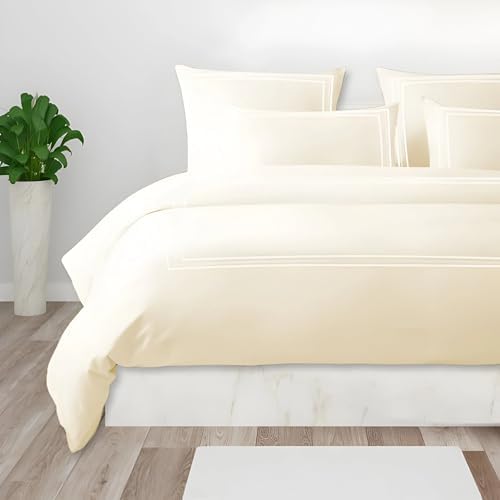 3 Line Beige Matching Embroidered Designer 7 Piece Duvet Cover & Sheet