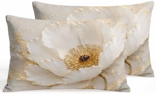 Cream Gold Flowers Lumbar Pillow Covers 12 x 20 Inch Pillow Covers Set