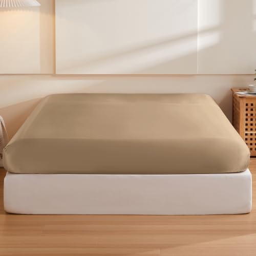 THXSILK 100% 6A+Mulberry Silk Deep-Pocket Fitted Sheet Taupe Cal. King
