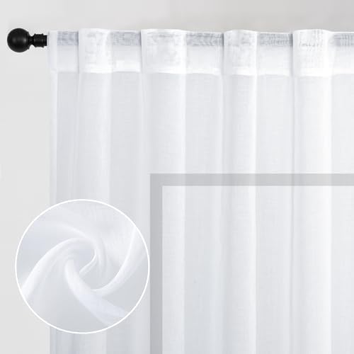 DWCN White Faux Linen Sheer Curtains, 2 Panels, 52x84 Inch