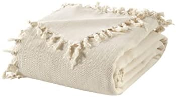 Handmade Undyed Natural Pure Cotton King Herringbone Blanket Coverlet
