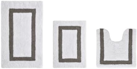 TRP Tufted Cotton White Gray Bathroom Rugs Sets 3 Piece