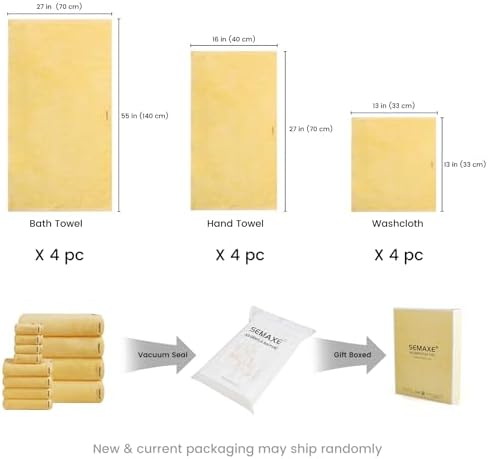 12-Piece Cotton Bath Towel Set with Hanging Loops for Bathroom, Yellow