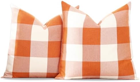 Orange Fall Outdoor Plaid Large Pillow Covers 22x22, Fall Decor for