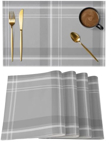 Grey Checkered Placemats Set of 8, Cotton Linen Fabric Place Mats