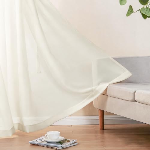 DWCN Ivory Faux Linen Sheer Curtains, 2 Panels, 52x63 Inch