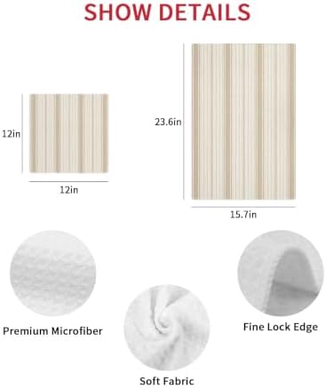 Beige Striped Hand Towels Set, Waffle Weave Kitchen Towels 3 Pieces