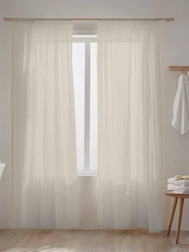 Ivory White Sheer Curtains 108 Inch Length 2 Panels Set, Solid Color