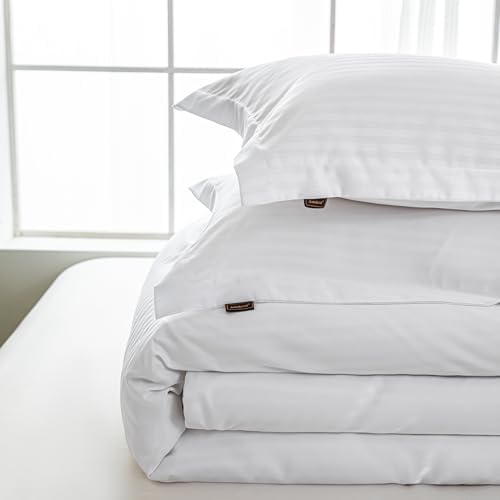 Hotel Duvet Cover Queen Size White Satin Pin Striped 3 Piece Set