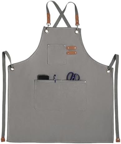 Cotton Canvas Apron with Pockets, Cross Back Waterproof Chef Apron for