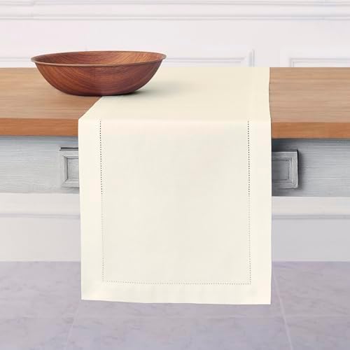 Solino Home Cotton Linen Dining Table Runner Ivory Hemstitch