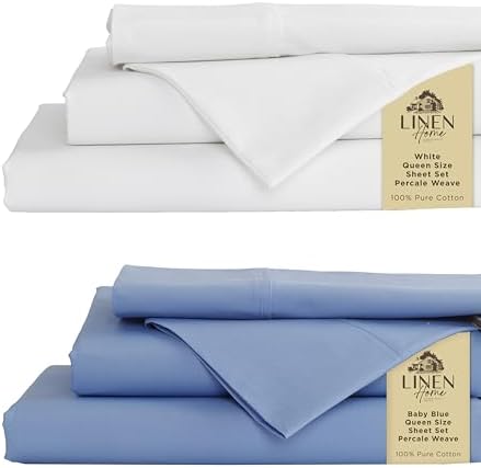 100% Cotton Combo Percale Sheets, White & Baby Blue, Deep Pocket