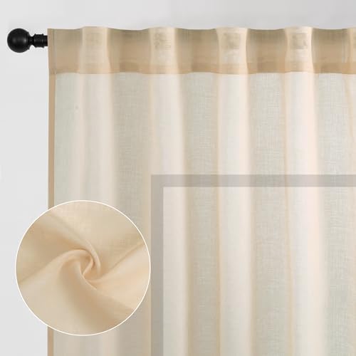 DWCN Beige Faux Linen Sheer Curtains, 2 Panels, 60x84 Inch