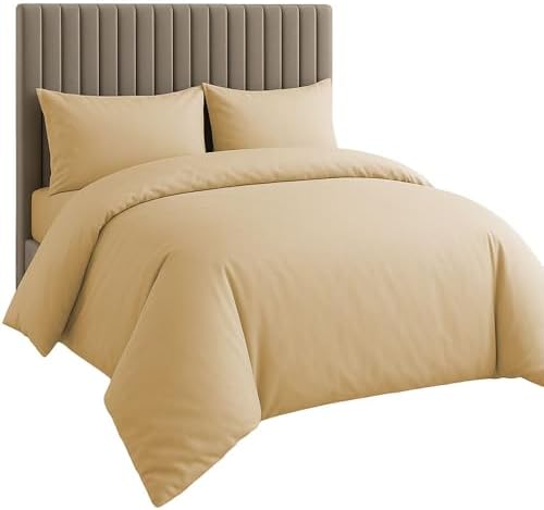 3 Sided Zipper Duvet Cover Set Queen Size Beige – Soft 100% Egyptian