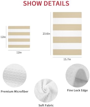 Beige White Striped Dish Towels Set, Waffle Weave Kitchen Towels