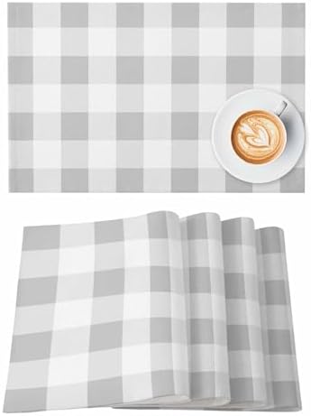 Grey White Plaid Placemat Set of 8, Modern Geometric Minimalist Grid