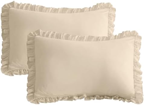 QSH Wheat Ruffled Pillow Shams Queen Size Set of 2, Shabby Farmhouse
