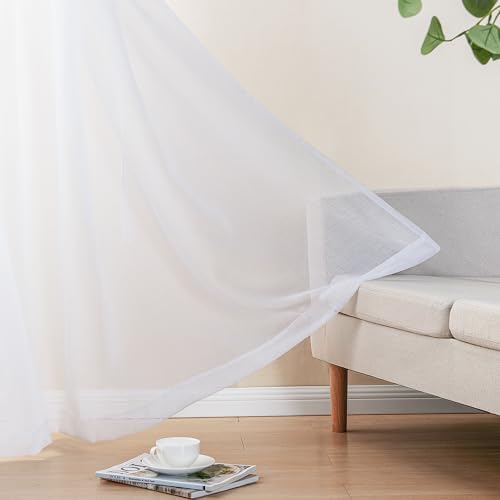DWCN White Faux Linen Sheer Curtains, 2 Panels, 52x84 Inch