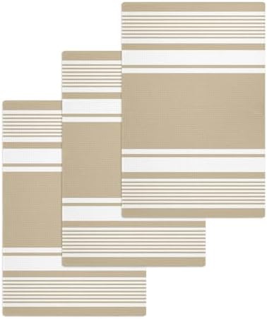 Farmhouse Beige Striped Waffle Kitchen Hand Towels Set of 3,Modern