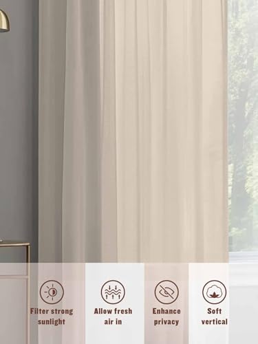 Beige Pure Color Sheer Curtains 108 Inch Length 2 Panels, Aesthetics