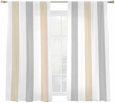 Beige Grey Stripe Sheer Curtains 72 Inches Long 2 Panels, Semi Sheer