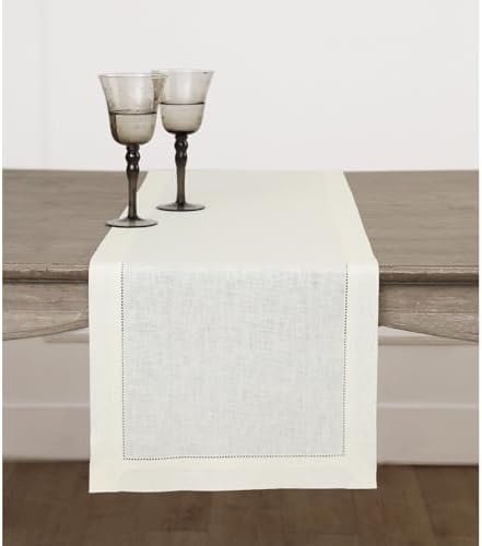 Solino Home 100% Linen Table Runner Ivory, Classic Hemstitch