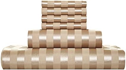 AiMay 6 Piece Satin Italian Style Bed Sheet Set Deep Pocket Striped