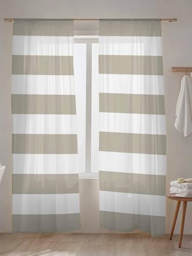 Sheer Curtains 108 inches Long 2 Panels Set Beige and White Stripe