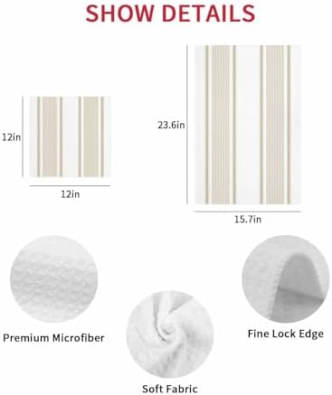 Beige Striped Dish Towels Set, Waffle Weave Kitchen Towels 3 Pieces