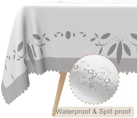 60x120inches White Grey Rectangle Tablecloth Minimalism Grey Leaves