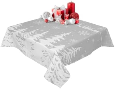 Christmas Tree Square Tablecloth White Pines Tree Silhouette Snowflake