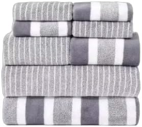 Striped Bath Towel Set, Gray and White, 6-piece Set, Soft and